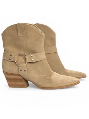 Tan Suede Western Ankle Booties with Ring Harness Sz 7M